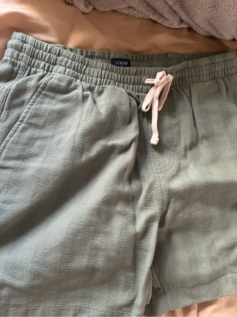 J. Crew Sage Green Waffle Knit Drawstring Shorts with Cream Tie - 2025